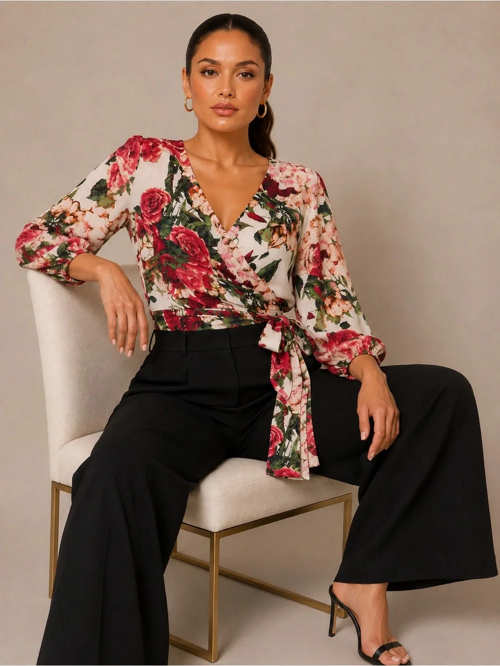 Jealous Tomato Floral Wrap Blouse in Ivory, Rose, Green